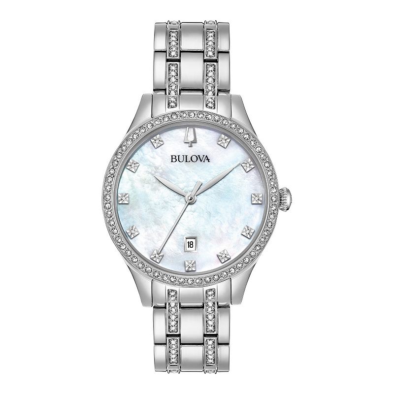 Bulova Women's Mother Of Pearl & Crystal Watch - 96M144, Size: 9", Silver