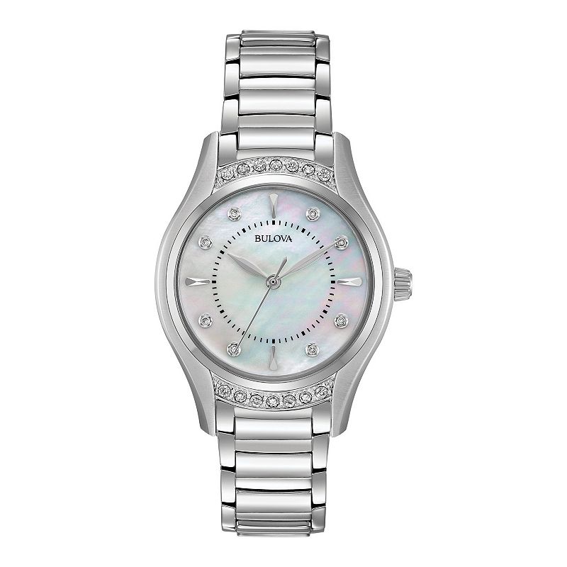 Bulova Women's Stainless Steel Mother Of Pearl & Diamond Accent Watch - 96R216, Size: 9", Silver