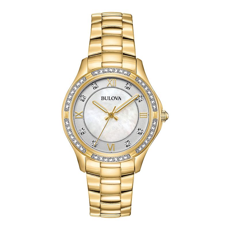 Bulova Women's Gold-Tone Stainless Steel Mother Of Pearl & Crystal Accent Watch - 98L256, Size: 9"