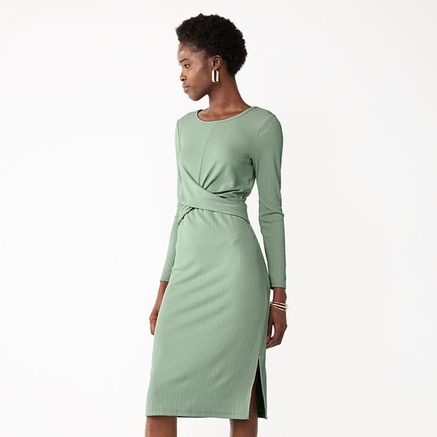 Petite Nine West Twist Front Long Sleeve Midi Dress