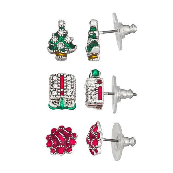 Napier Holiday Adorn Bow Tree & Gift Box Trio Stud Earring Set