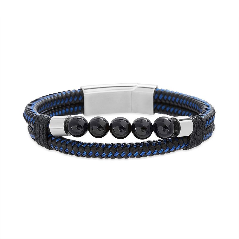 1913 Woven Black & Blue Leather with Synthetic Onyx Beads Bracelet, Mens,