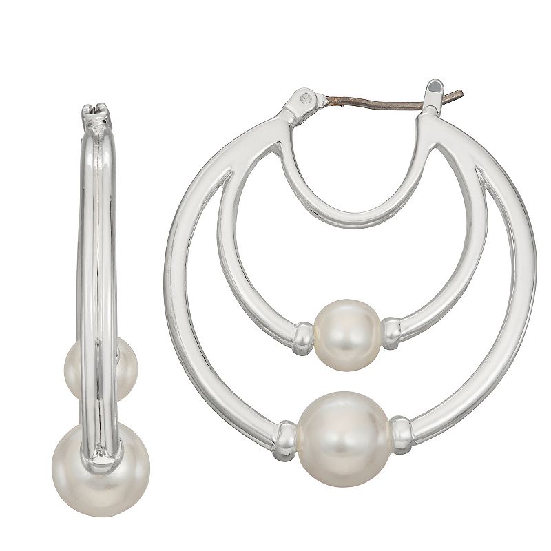 Napier Silver Tone Simulated Pearl Triple Layer Hoop Earrings, Womens