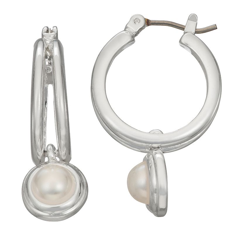 Napier Silver Tone Simulated Pearl Drop Hoop Earrings, Womens