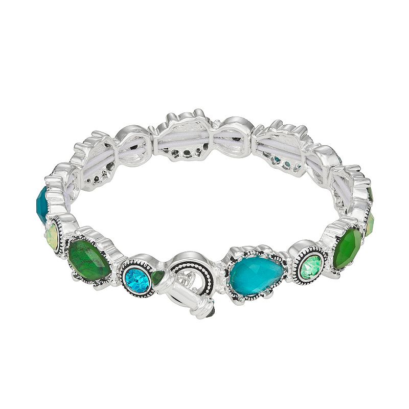 Napier Silver Tone Green & Blue Simulated Crystal Stretch Bracelet, Womens