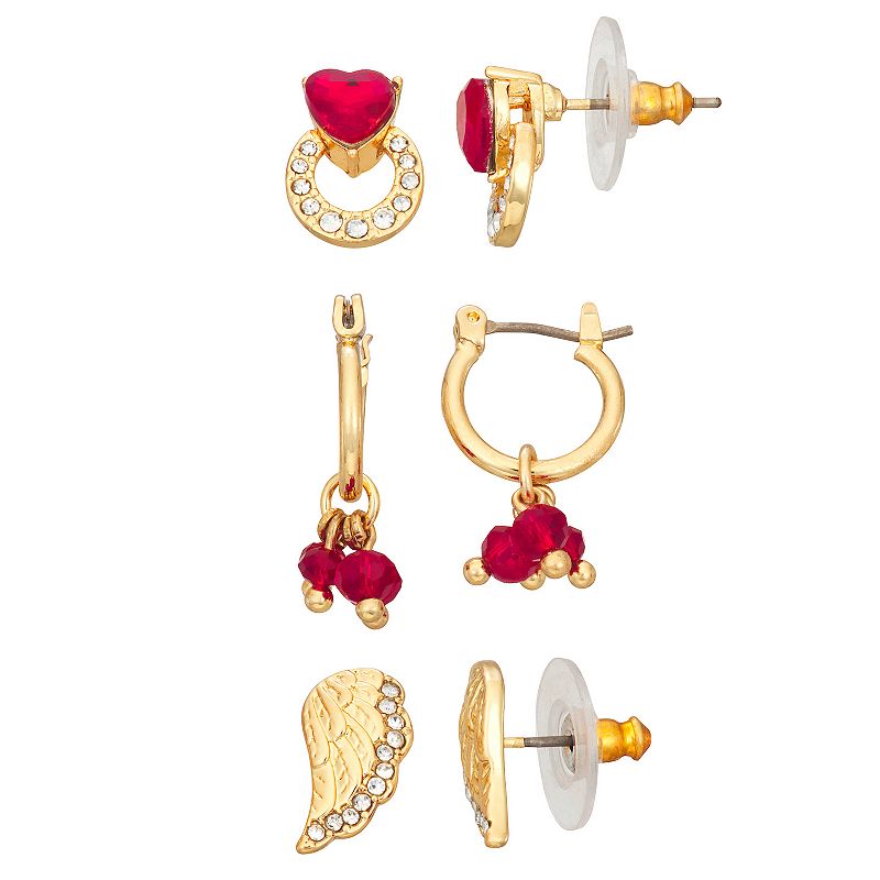 Napier Gold Tone Be My Valentine Stud Hoop Earring Set, Womens, Red