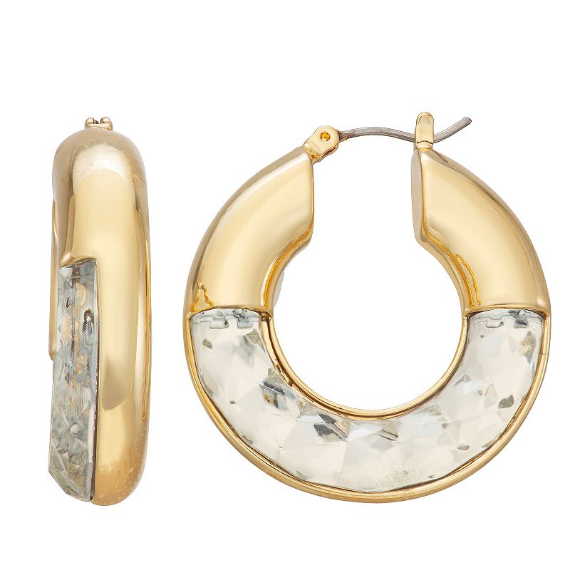 Nine West Gold Tone Crystal Faceted Hoop Earrings, Womens