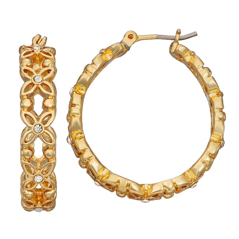 Napier Gold Tone Crystal Floral Filigree Hoop Earrings, Womens