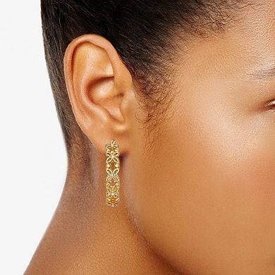 Napier Gold Tone Crystal Floral Filigree Hoop Earrings