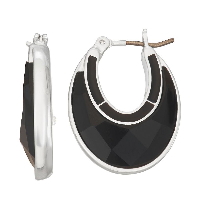 Napier Silver Tone Black Enamel Open Oval Drop Earrings, Womens
