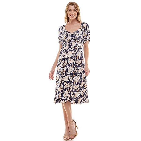 Women's Luxology Tie-Front Floral Fit & Flare Midi Dress