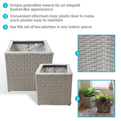 Sunnydaze 2-Piece Polyrattan Planters with Plastic Liner