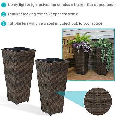 Sunnydaze Polyrattan Tall Square Planter - Brown - Set of 2