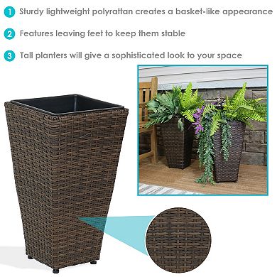 Sunnydaze 20 in Polyrattan Tall Square Planter - Brown - Set of 2