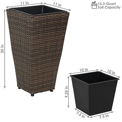 Sunnydaze 20 in Polyrattan Tall Square Planter - Brown - Set of 2