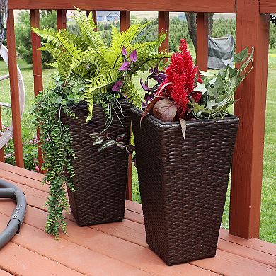 Sunnydaze 20 in Polyrattan Tall Square Planter - Brown - Set of 2