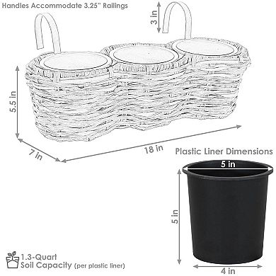 Sunnydaze Polyrattan Hanging Over-the-Rail Tri-Planter and Liner - Frost