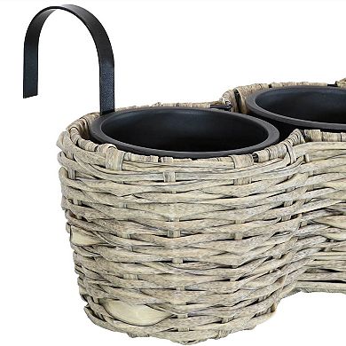 Sunnydaze Polyrattan Hanging Over-the-Rail Tri-Planter and Liner - Frost