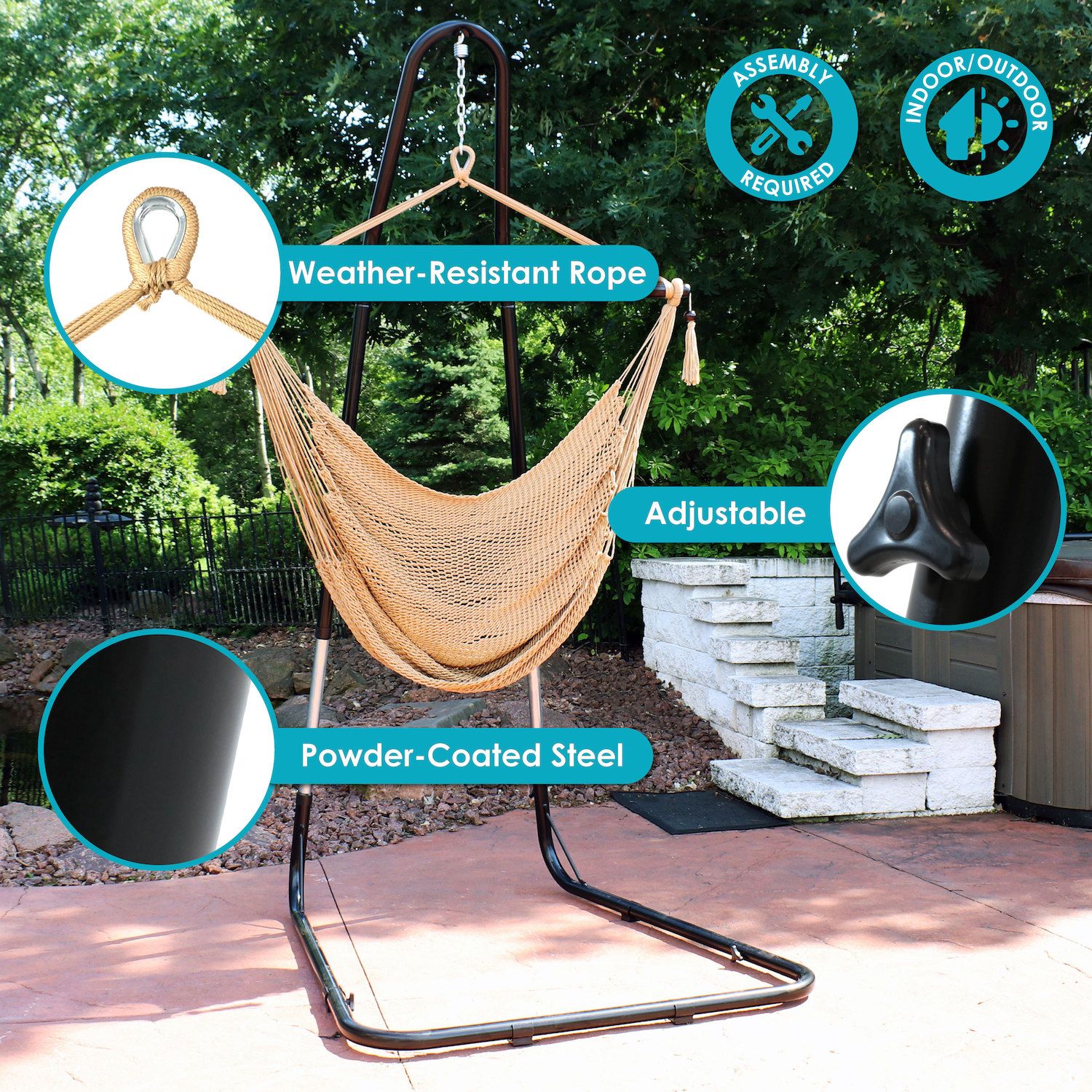Extra large hammock chair with adjustable steel stand; weather-resistant rope and powder-coated steel