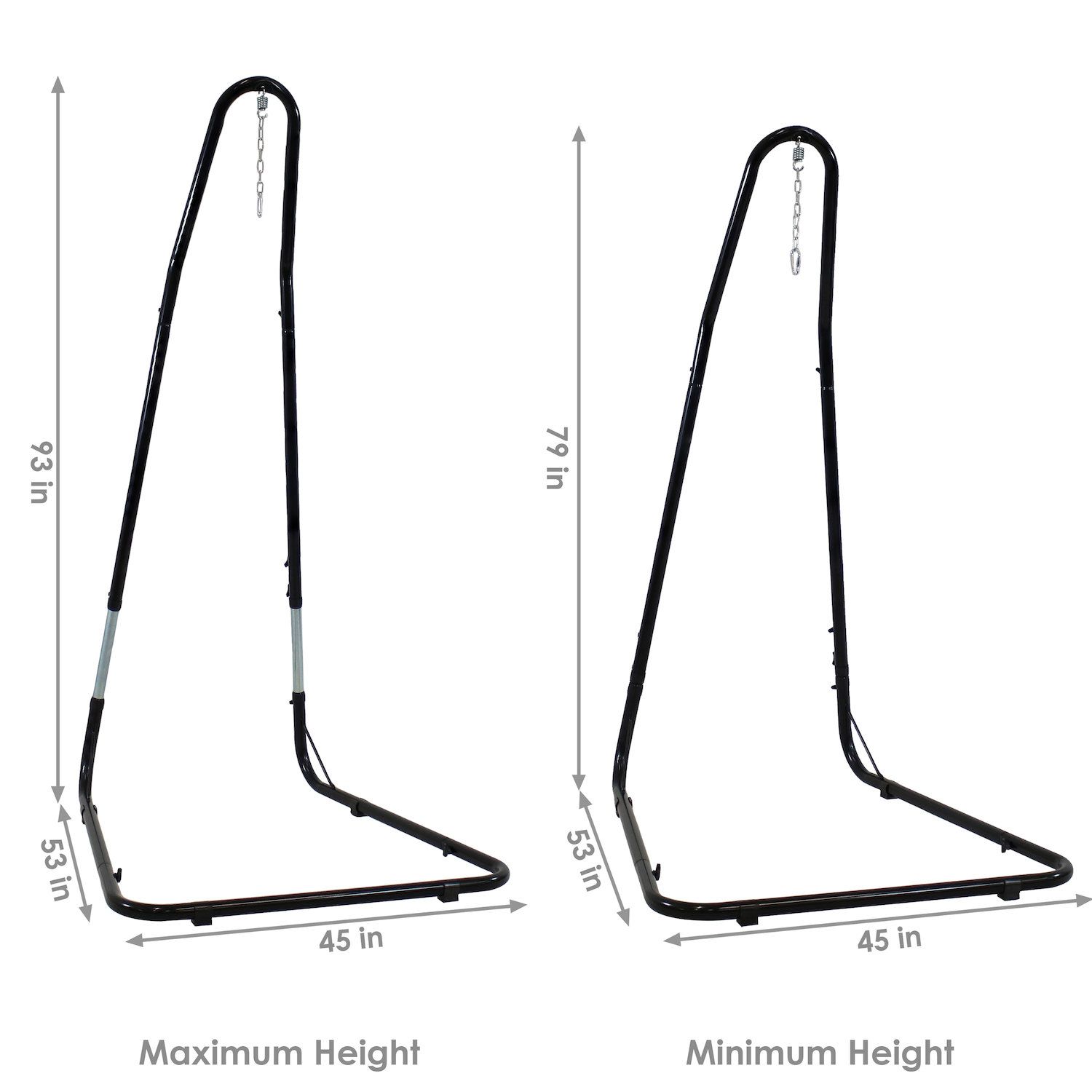 Hammock chair stand dimensions showing maximum and minimum heights