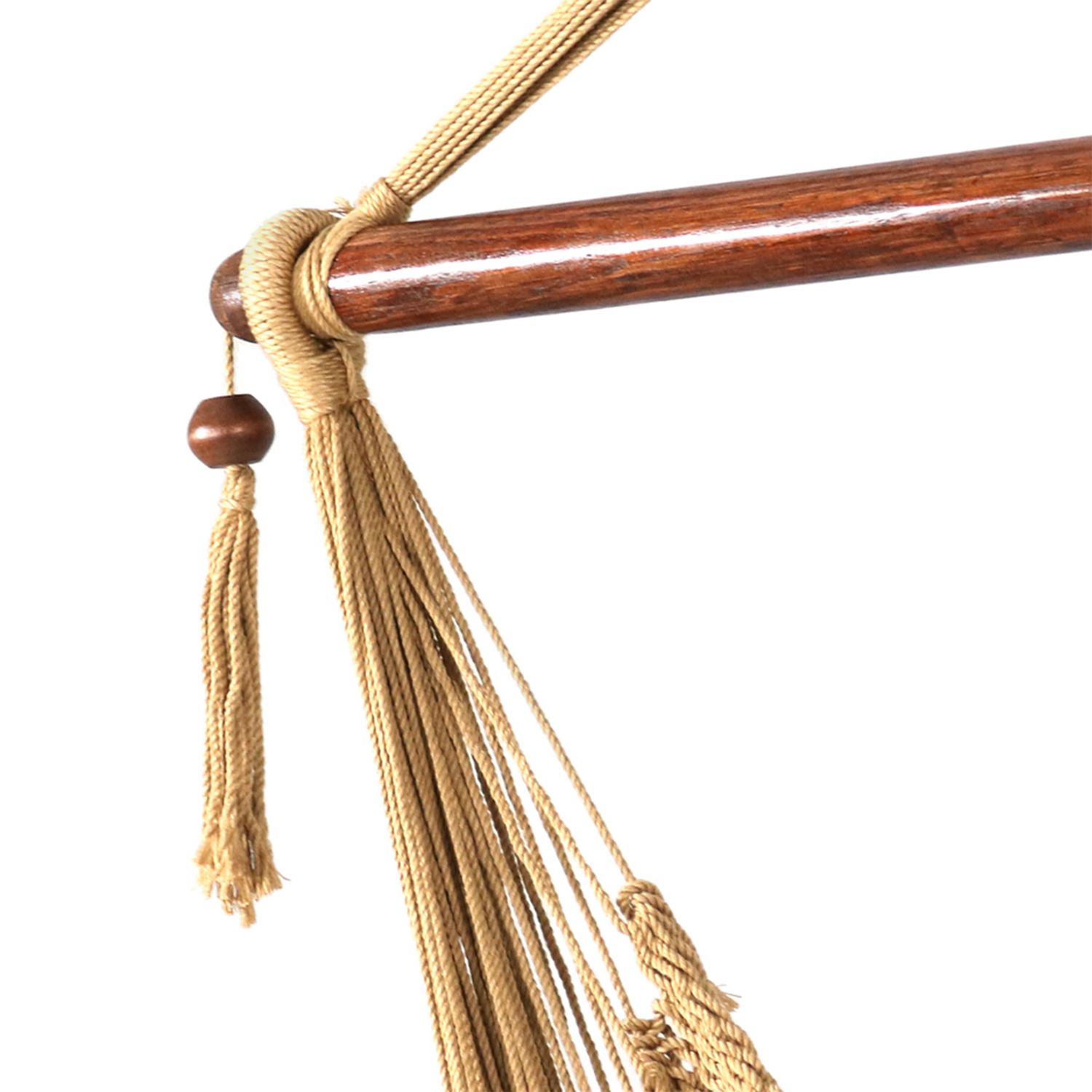 Close-up of tan woven hammock rope attached to brown wooden spreader bar