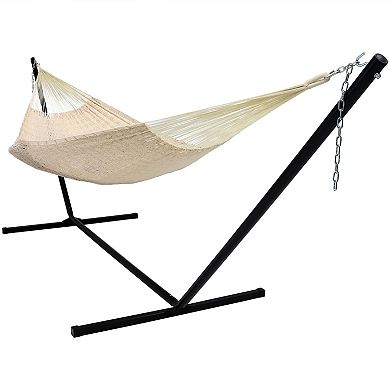 Sunnydaze 2-Person Woven Cotton/Nylon Hammock with Steel Stand - Natural