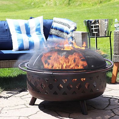 Sunnydaze Crossweave Steel Fire Pit with Screen and Poker