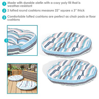 Sunnydaze Outdoor Round Polyester Floor Cushion - Seaside Stripe - Set of 2