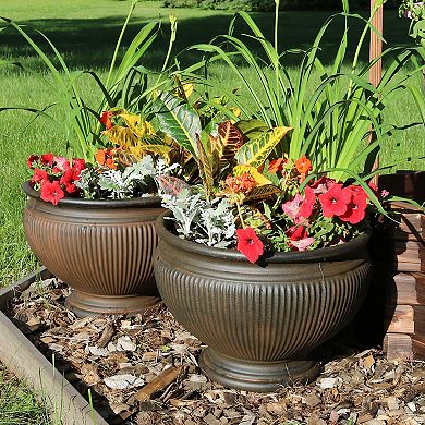 Sunnydaze 16 in Elizabeth Ribbed Urn Polyresin Planter - Rust - Set of 2