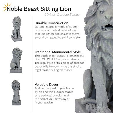 Sunnydaze Noble Beast Sitting Lion Outdoor Concrete Statue - 30 in