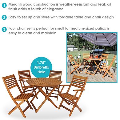 Sunnydaze Meranti Wood 5-Piece Folding Patio Dining Table and Chairs Set