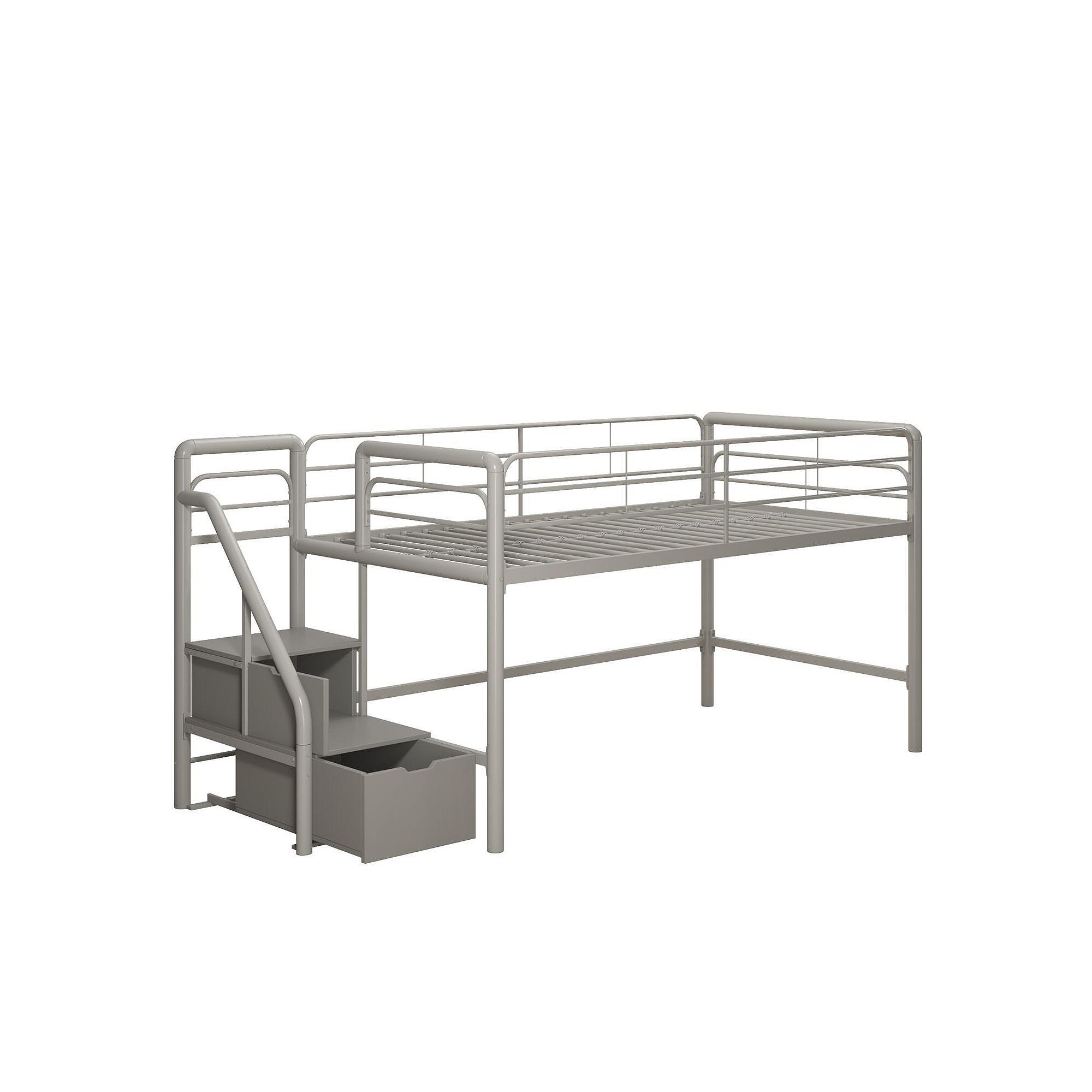 Atwater Living Kaden Junior Twin Loft Bed with Storage Steps, Silver Gray