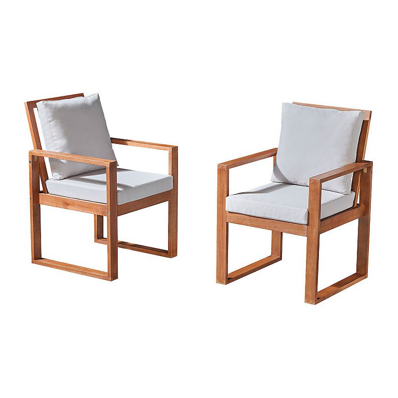 Weston outdoor patio chair set with two chairs and white seat cushions.
