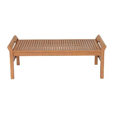 Outdoor coffee table with brown slat tabletop viewed from side