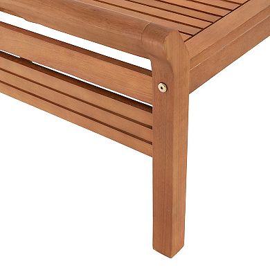 Close-up of coffee table corner leg and slat apron hardware