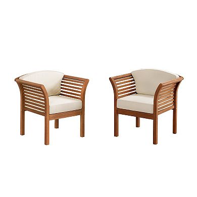 Two outdoor patio chairs with beige cushions and brown slat backs