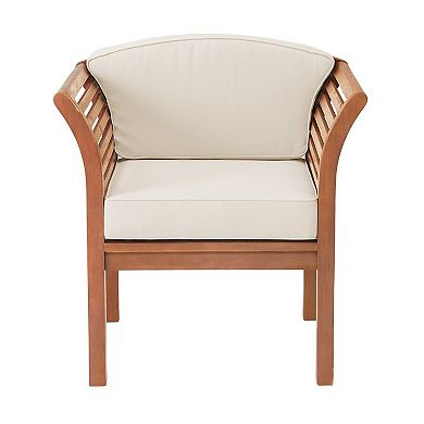 Outdoor patio chair with beige cushion viewed from front