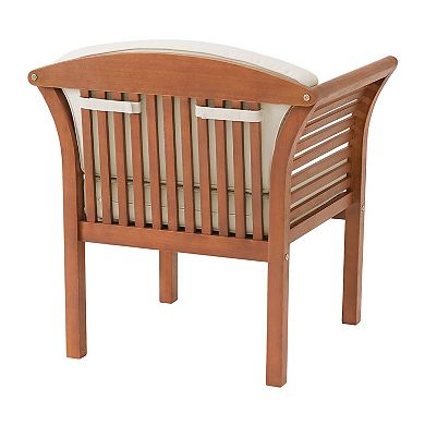 Rear view of outdoor patio chair with beige cushion and brown slat back