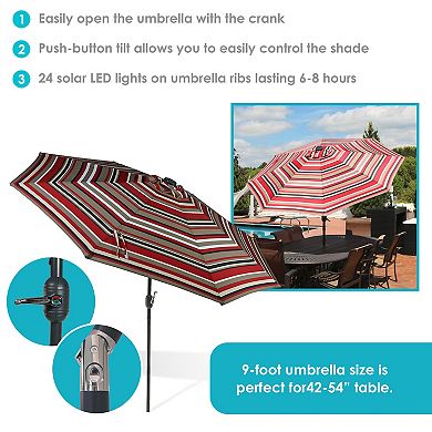 Sunnydaze 9 ft Solar Patio Umbrella with Lights, Tilt, and Crank - Red