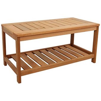 Sunnydaze 35.25 in Meranti Wood Rectangular Patio Coffee Table with Shelf