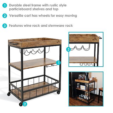 Sunnydaze 3-Tier Industrial Rolling Bar Cart with Wine Rack - 35 in