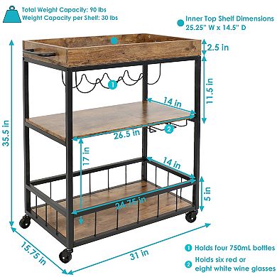 Sunnydaze 3-Tier Industrial Rolling Bar Cart with Wine Rack - 35 in