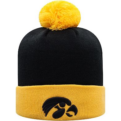 Men's Top of the World Black/Gold Iowa Hawkeyes Core 2-Tone Cuffed Knit Hat with Pom