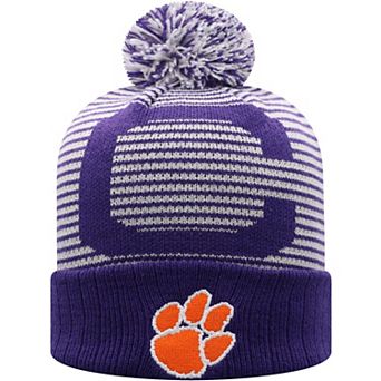 Men's Top of the World Purple Clemson Tigers Line Up Cuffed Knit Hat with Pom