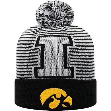 Men's Top of the World Black Iowa Hawkeyes Line Up Cuffed Knit Hat with Pom
