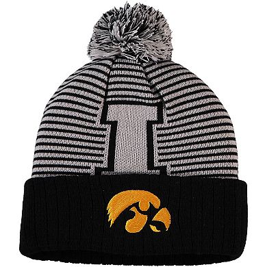Men's Top of the World Black Iowa Hawkeyes Line Up Cuffed Knit Hat with Pom
