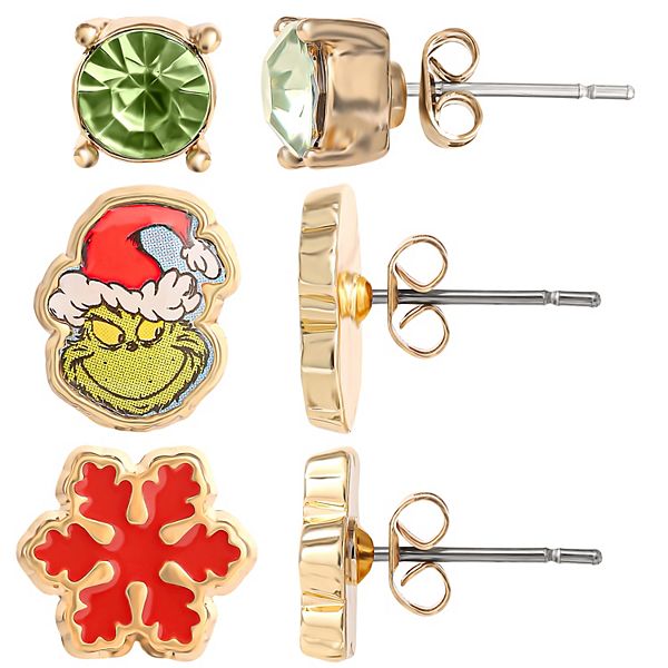 The Grinch 3 Piece Nickel Free Stud Christmas Earring Set