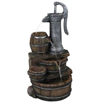 Sunnydaze Cozy Farmhouse Pump and Barrels 23 in Outdoor Fountain with LEDs