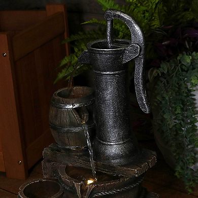 Sunnydaze Cozy Farmhouse Pump/Barrel Water Fountain with LED Lights - 23 in