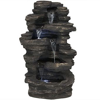 Sunnydaze Rock Falls 39 in Polystone Outdoor Water Fountain with LED Lights
